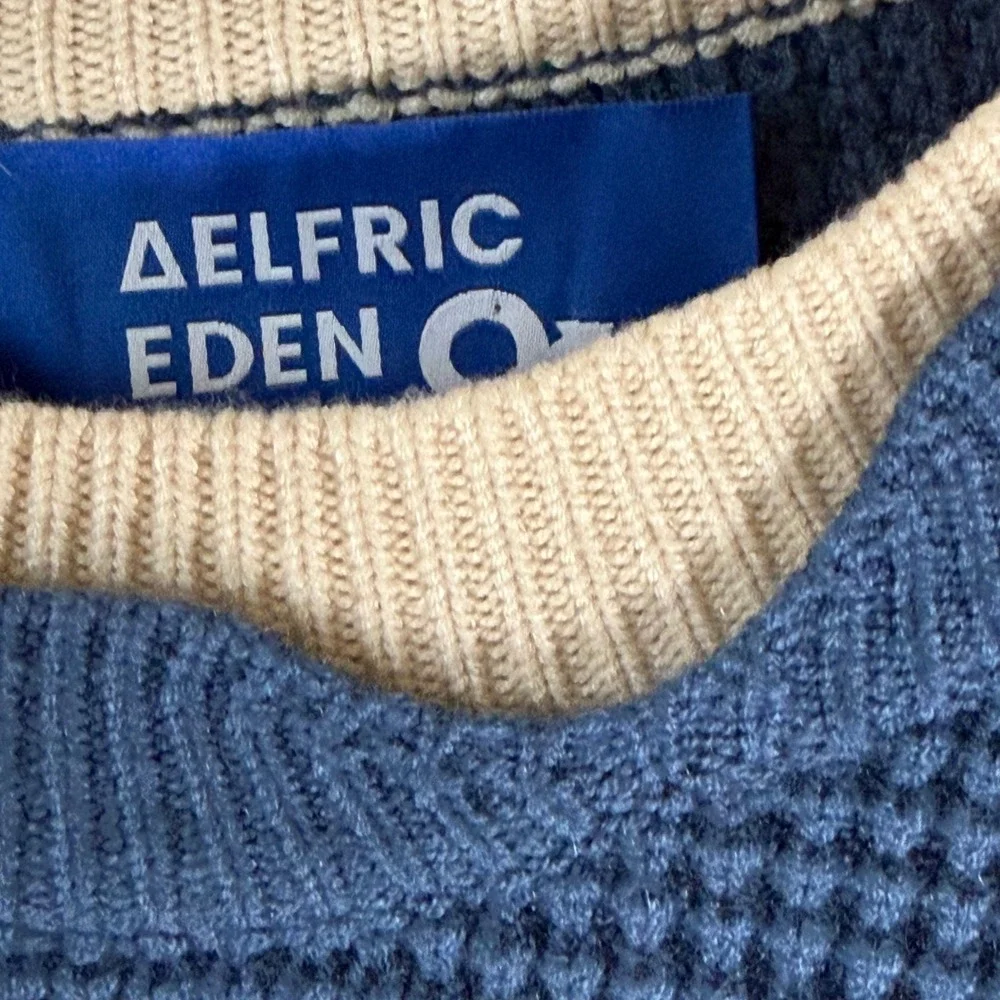 Aelfric Eden Blue Waffle Knit Faux Layered Crewneck Sweater Mens Streetwear